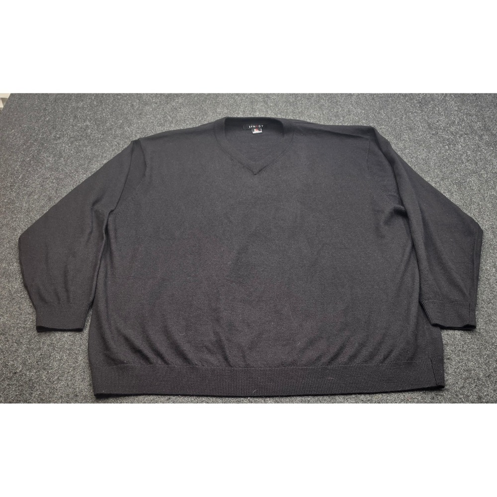 SYNRGY V-Neck Sweater Men 3XL Black 100% Merino Wool Long Sleeve Pullover
